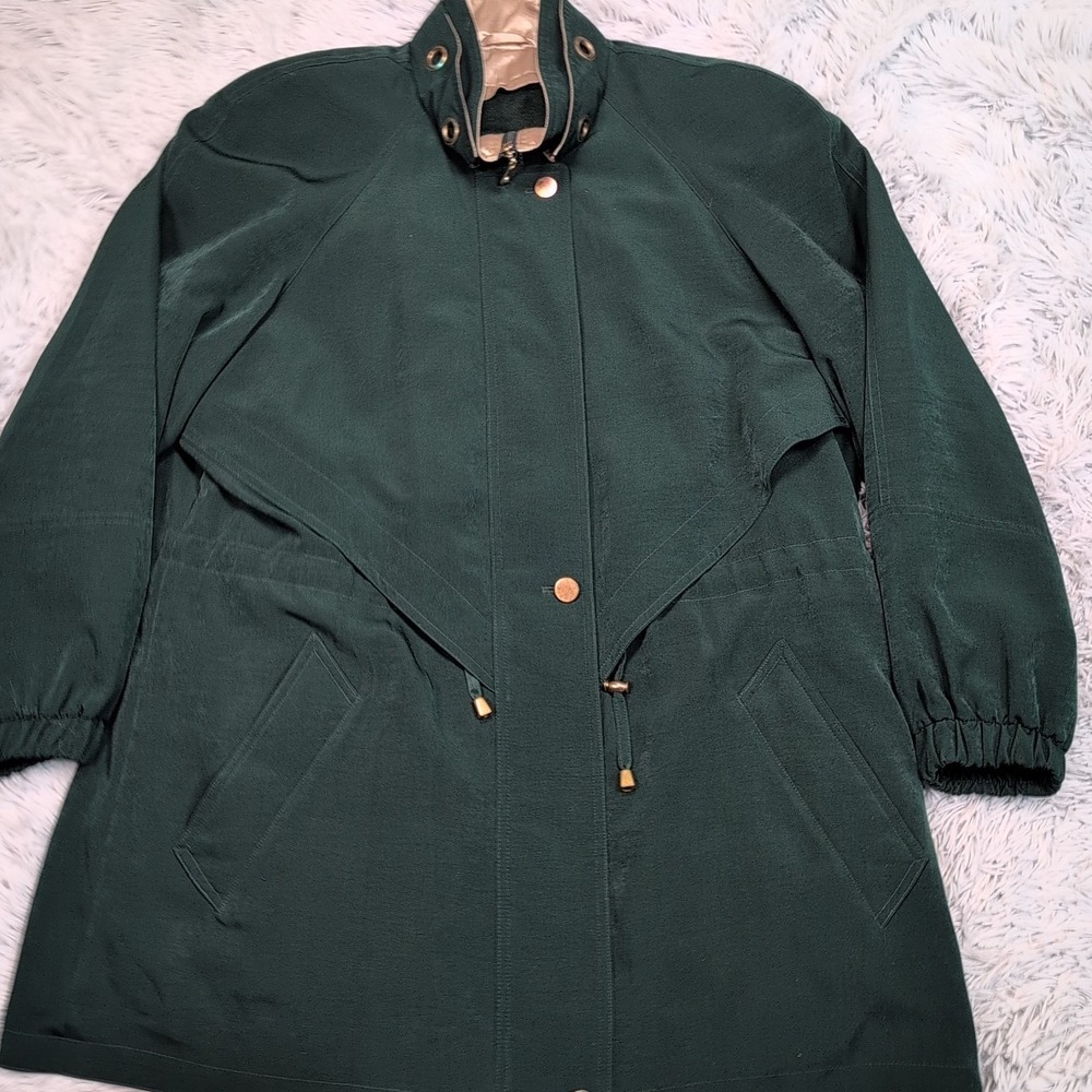 Fleet Street Jacket Womens L Green Trench Coat Pockets Removable Liner Soft‎